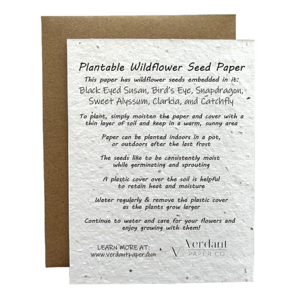 Back of plantable greeting card with recycled paper envelope in the background. The back of card includes wildflower seeds embedded in paper and planting instructions
