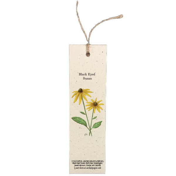 Hand drawn Black Eyed Susan flower on a plantable bookmark. Flowers and link for growing instructions printed on bottom of bookmark