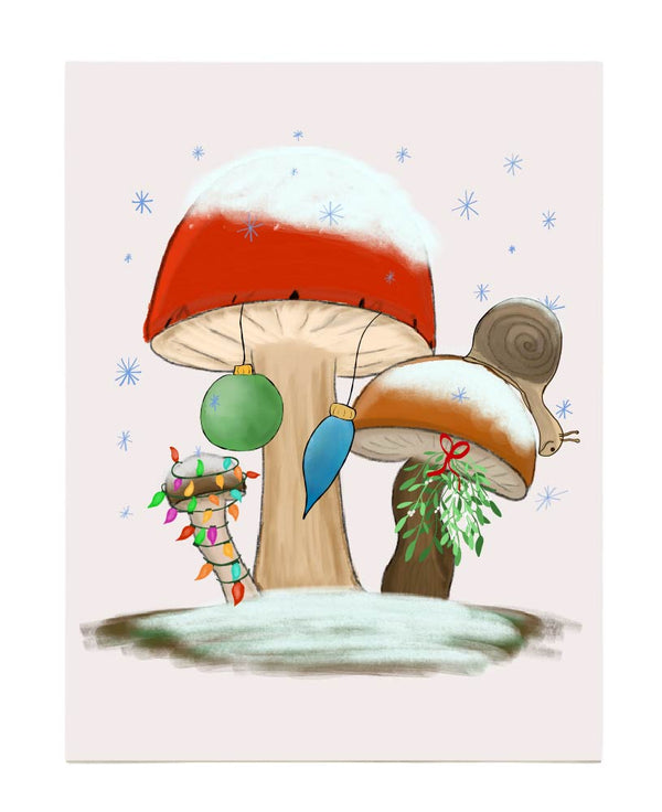 8"x10" art print featuring a whimsical illustration of a cheerful snail decorating snowy mushrooms for Christmas. Printed on 100% recycled cardstock
