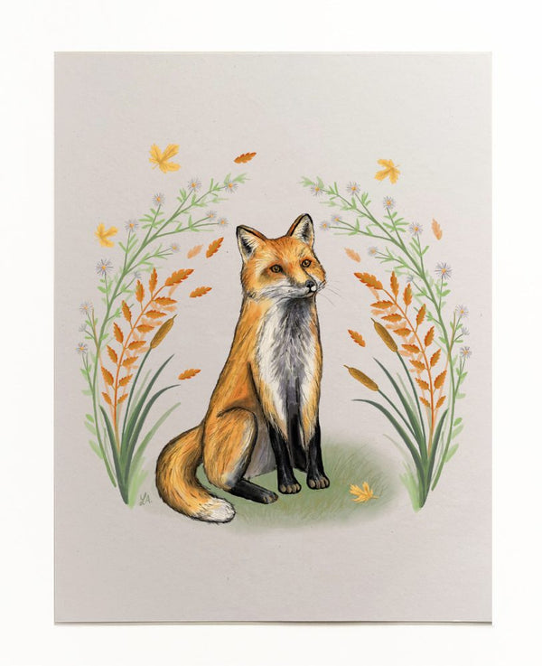 8"x10" Autumn Fox Art Print. A hand drawn fox sitting on hind legs with front legs in front of him. He is surrounded by beautiful orange and yellow leaves and cattails.