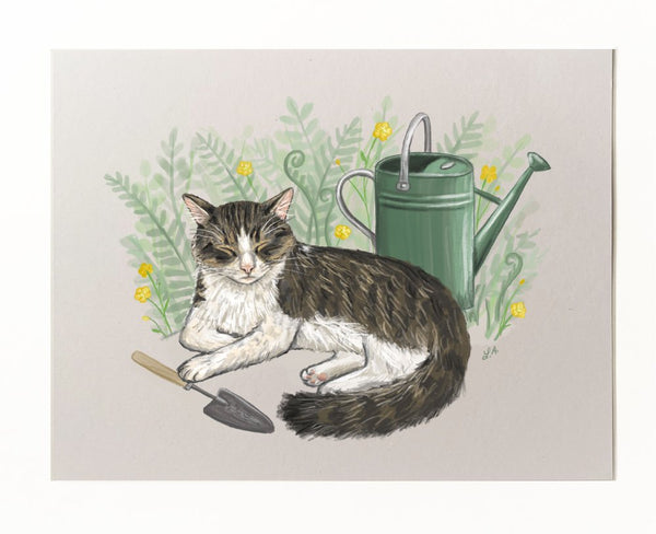 Sleeping Cat With Ferns and Plants Art Print