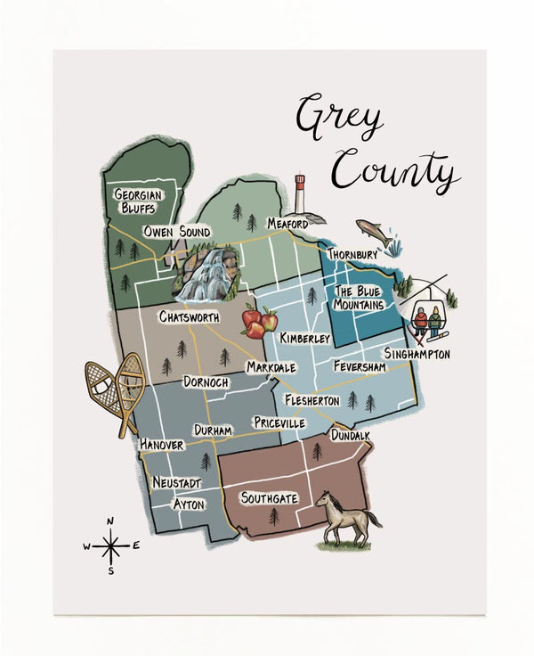 Illustrated map of Grey County Ontario on premimum recycled cardstock paper