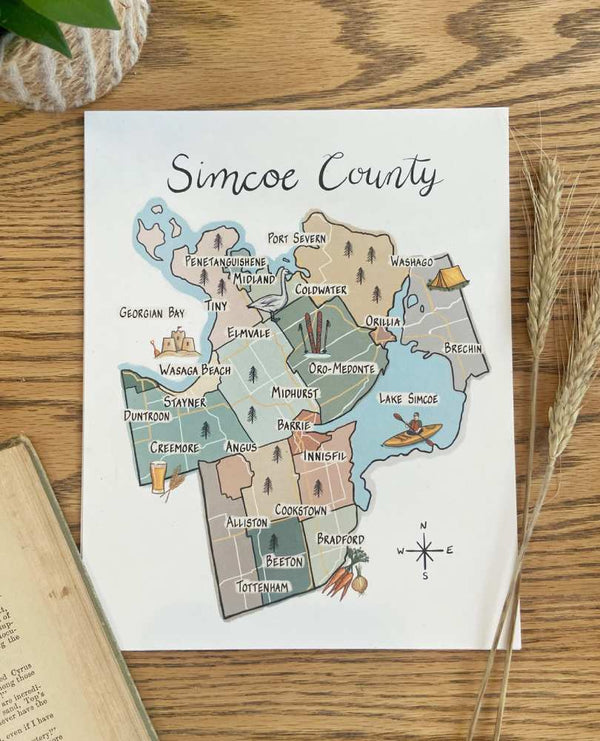 simcoe county ontario digital art map print recycled paper card stock